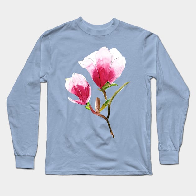 Magnolia Flowers Watercolor Painting Long Sleeve T-Shirt by Ratna Arts